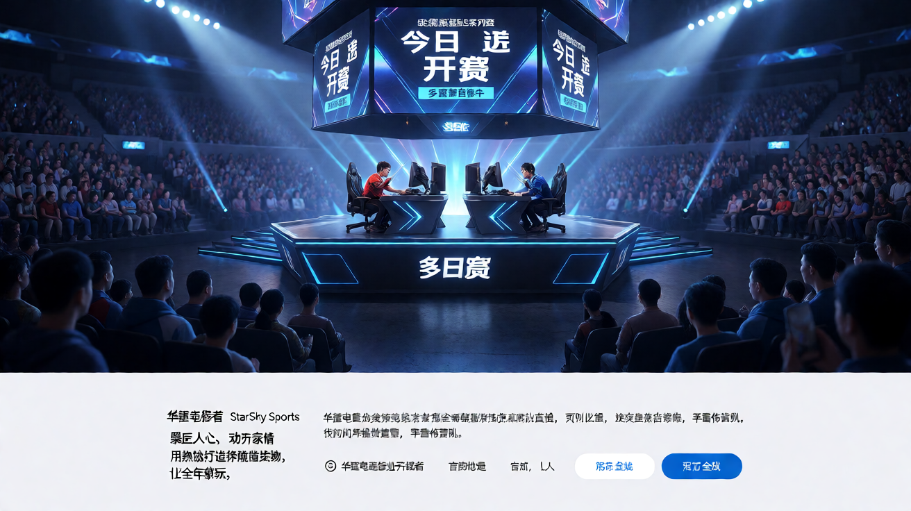 星空电竞大型电竞赛事现场，选手在舞台中央激烈对战，观众席座无虚席