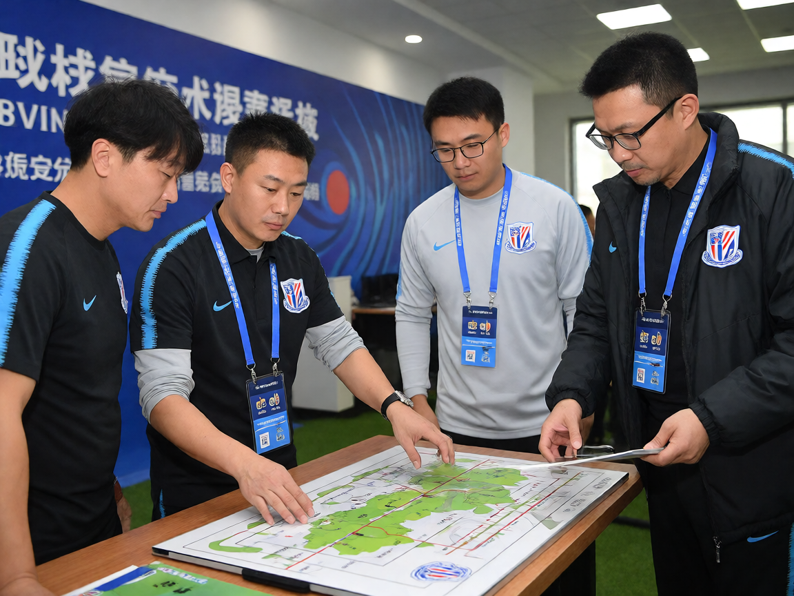 球队战术分析场景，教练团队研究比赛录像和战术板